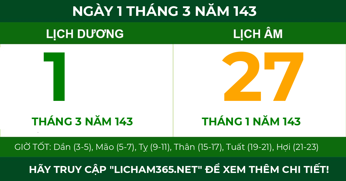 lịch âm ngày 1 tháng 3 năm 143