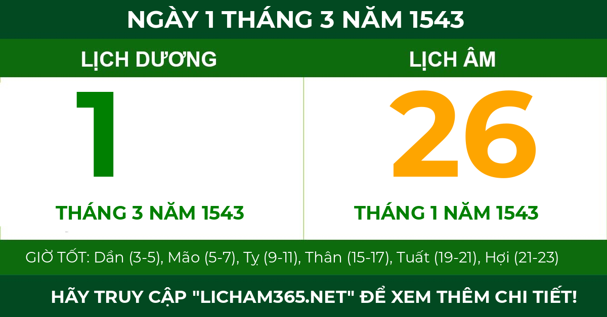 lịch âm ngày 1 tháng 3 năm 1543
