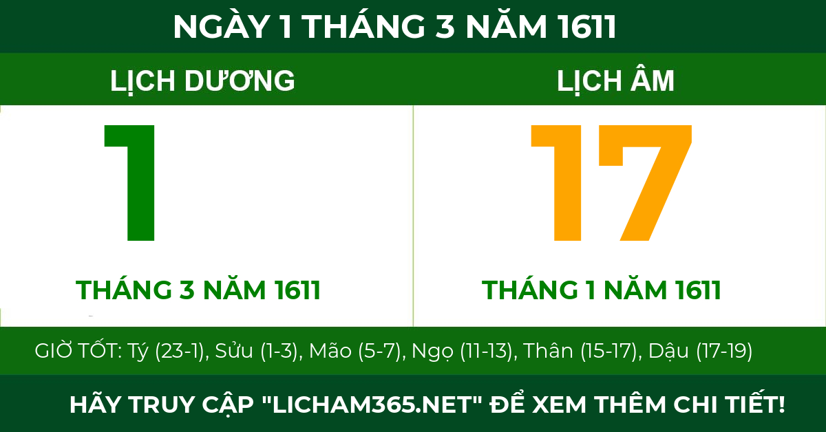 lịch âm ngày 1 tháng 3 năm 1611
