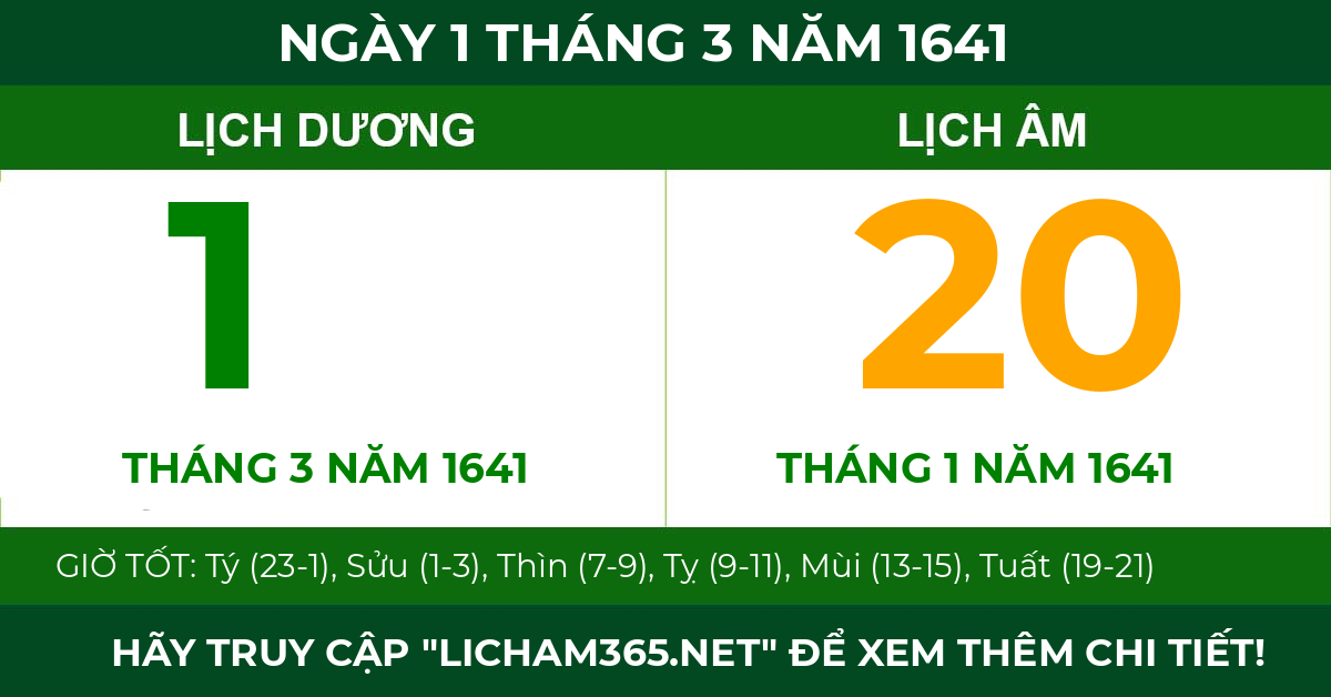 lịch âm ngày 1 tháng 3 năm 1641