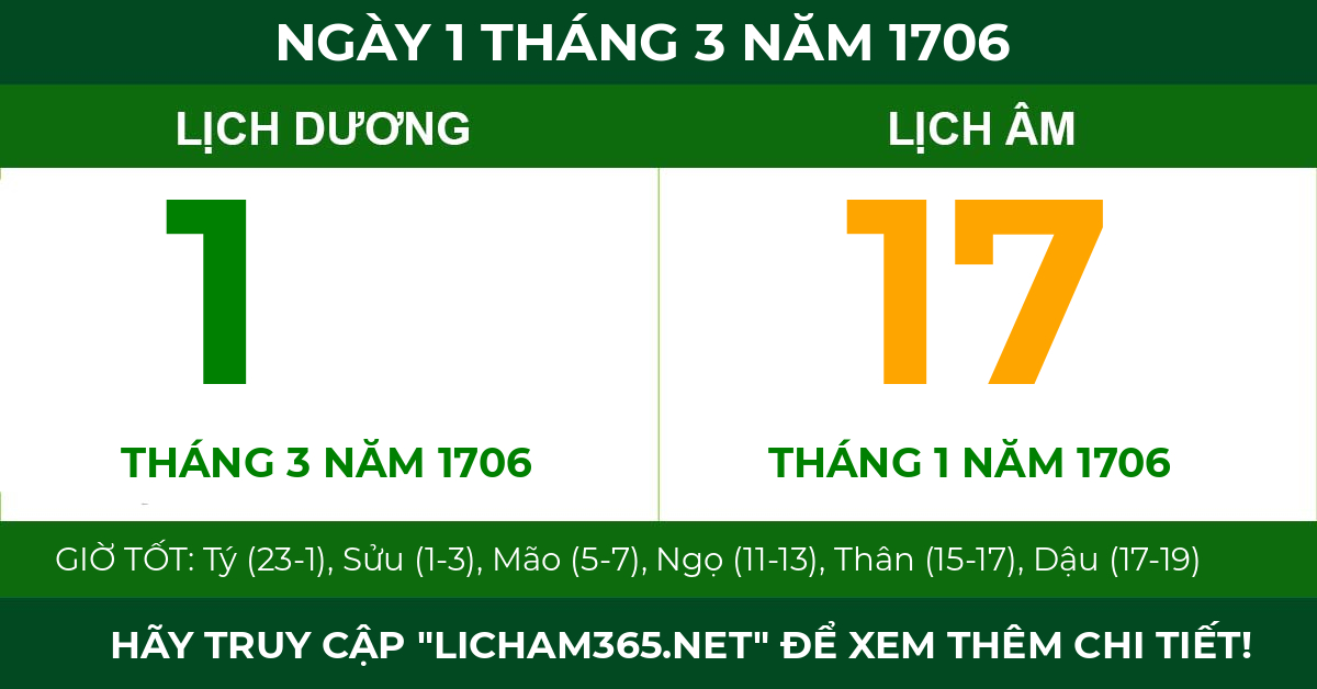 lịch âm ngày 1 tháng 3 năm 1706