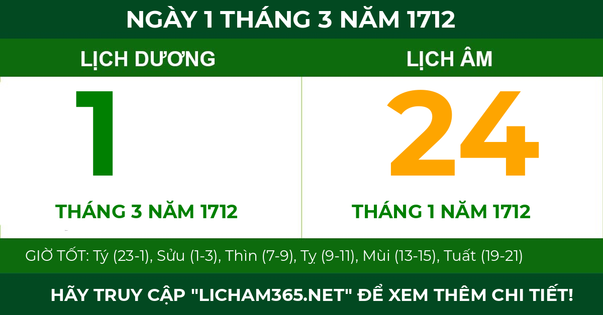 lịch âm ngày 1 tháng 3 năm 1712