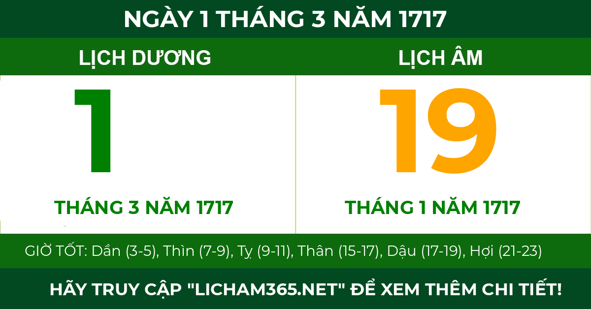 lịch âm ngày 1 tháng 3 năm 1717