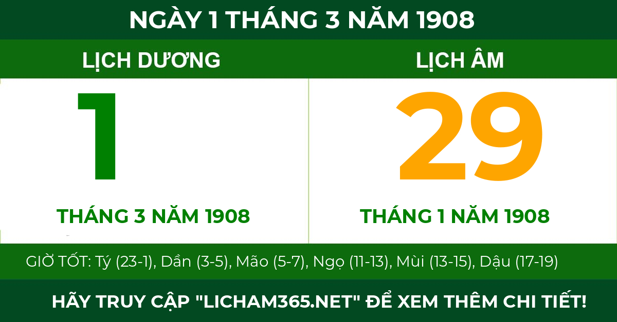 lịch âm ngày 1 tháng 3 năm 1908