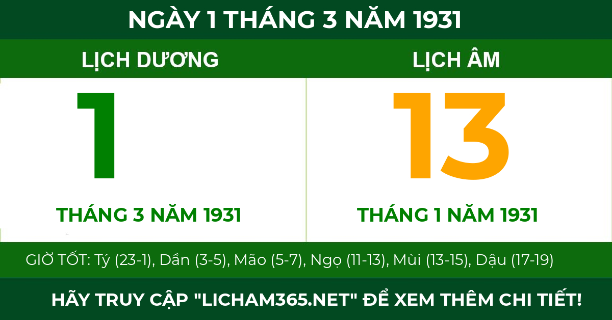 lịch âm ngày 1 tháng 3 năm 1931