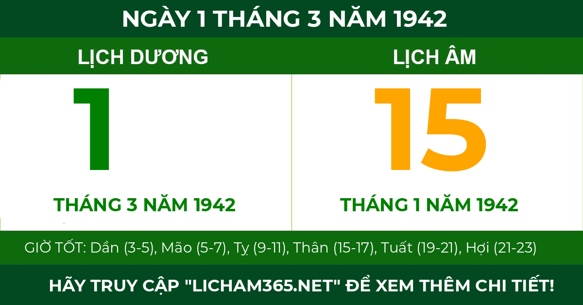 lịch âm ngày 1 tháng 3 năm 1942