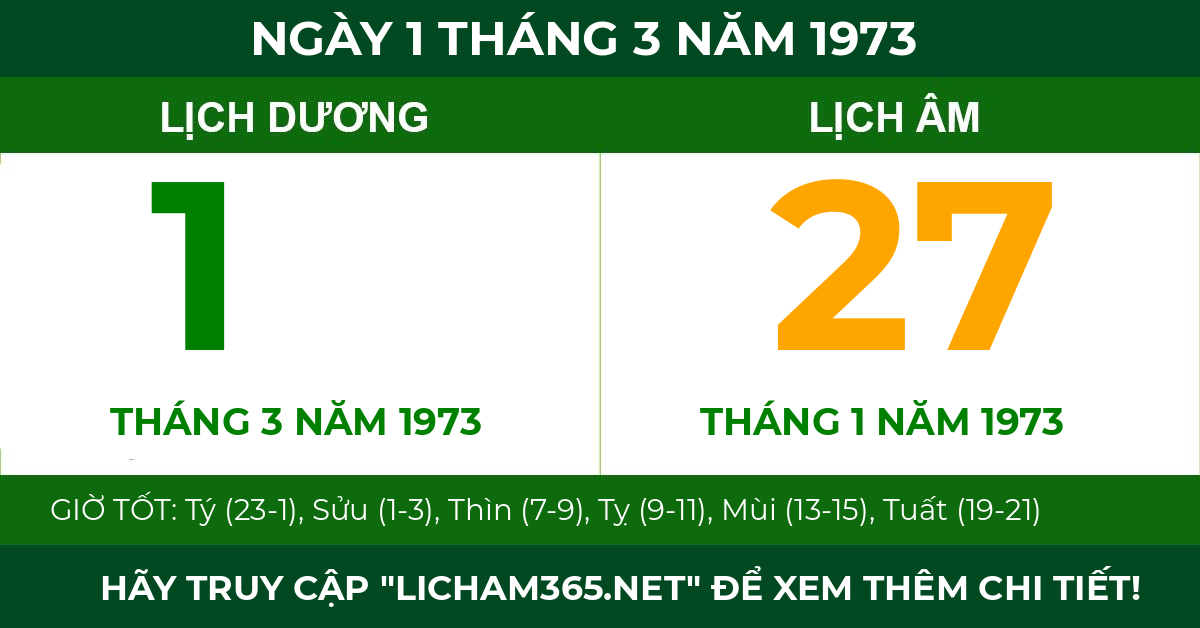 lịch âm ngày 1 tháng 3 năm 1973