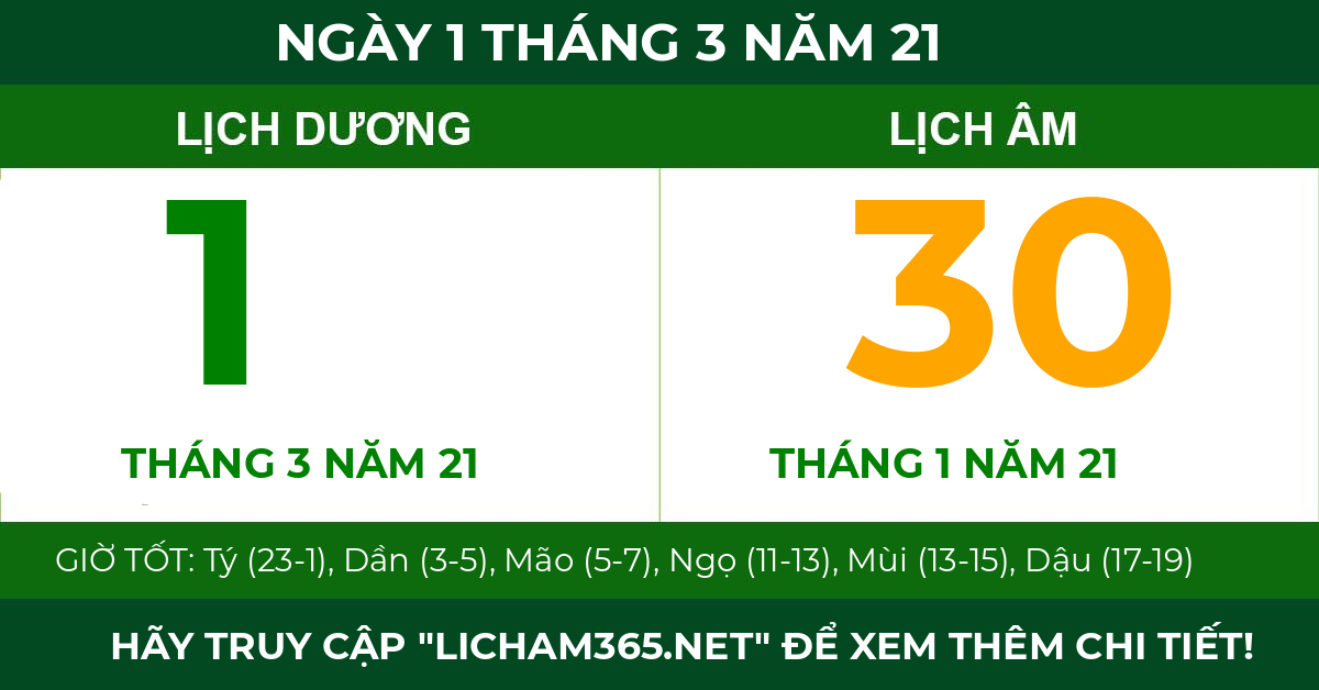 lịch âm ngày 1 tháng 3 năm 21