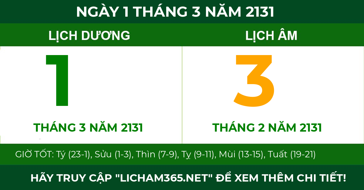 lịch âm ngày 1 tháng 3 năm 2131