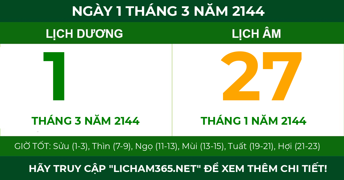 lịch âm ngày 1 tháng 3 năm 2144