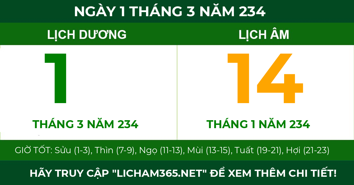 lịch âm ngày 1 tháng 3 năm 234