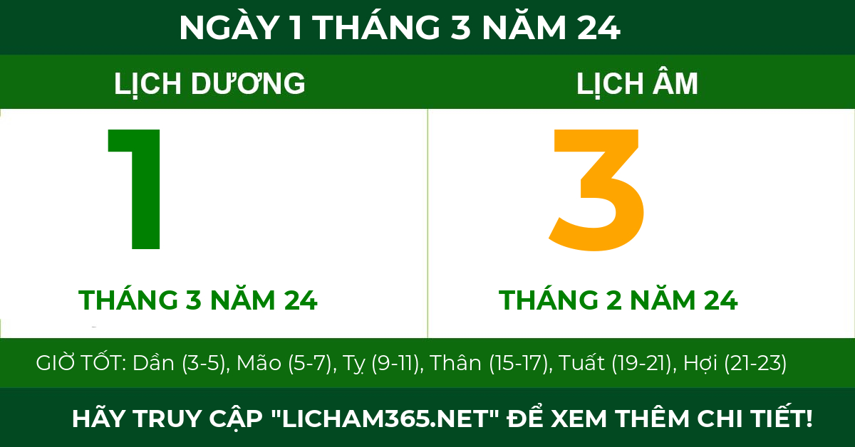 lịch âm ngày 1 tháng 3 năm 24