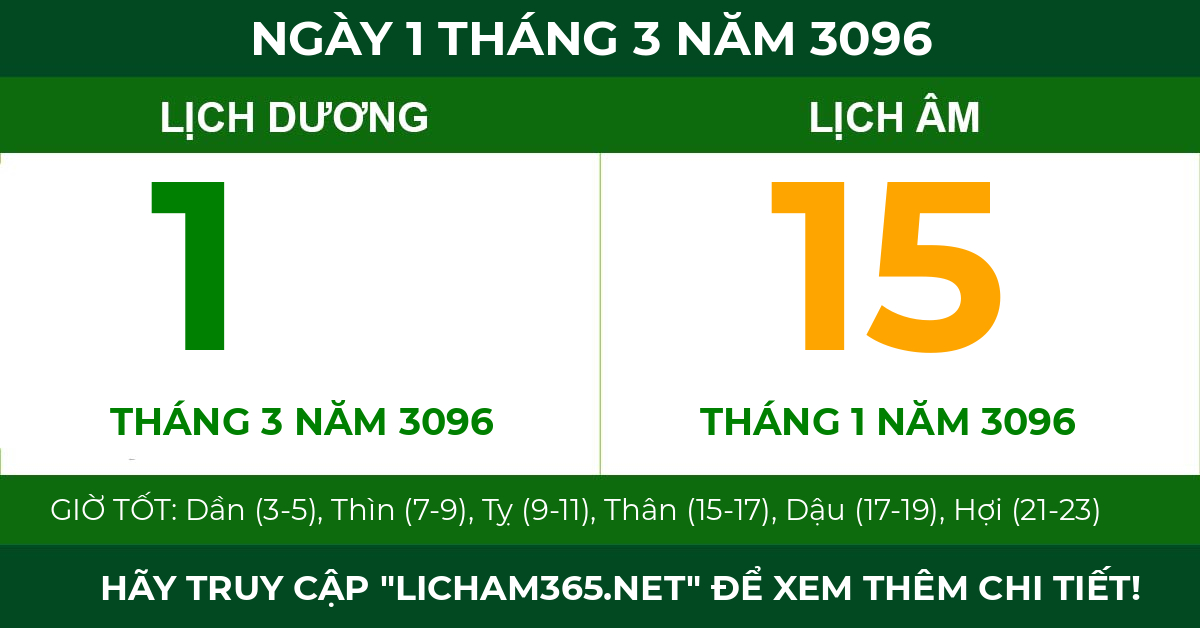 lịch âm ngày 1 tháng 3 năm 3096