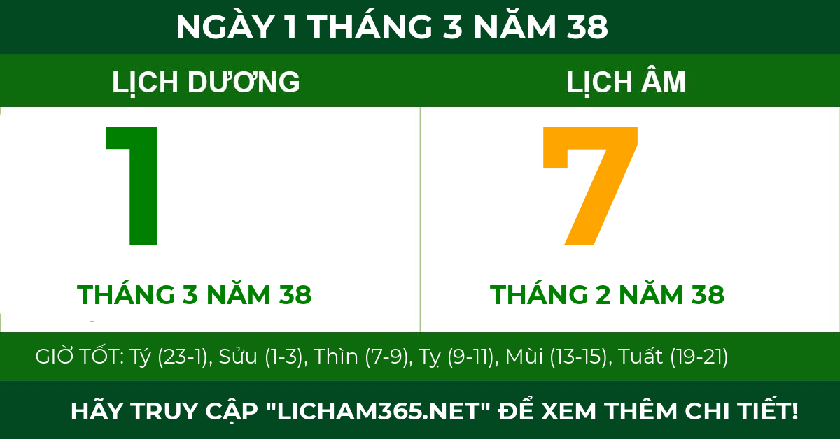 lịch âm ngày 1 tháng 3 năm 38
