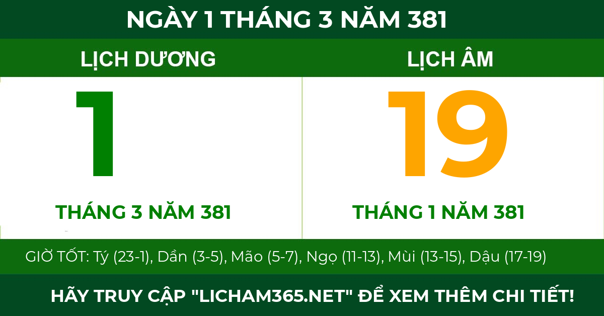 lịch âm ngày 1 tháng 3 năm 381