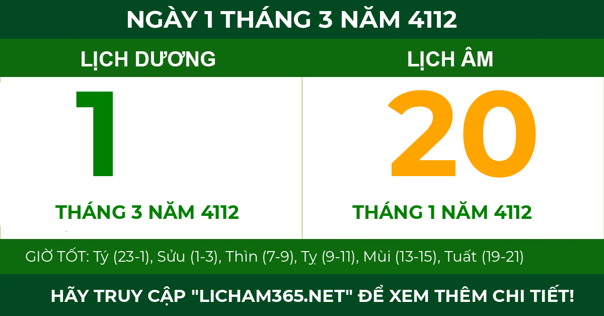 lịch âm ngày 1 tháng 3 năm 4112