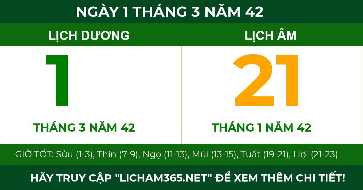 lịch âm ngày 1 tháng 3 năm 42