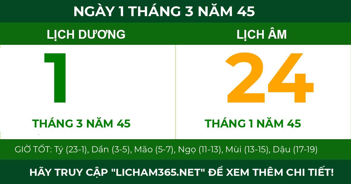 lịch âm ngày 1 tháng 3 năm 45