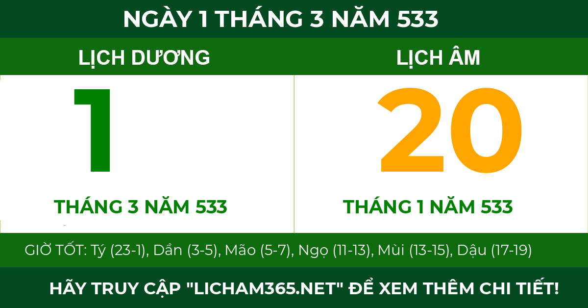lịch âm ngày 1 tháng 3 năm 533