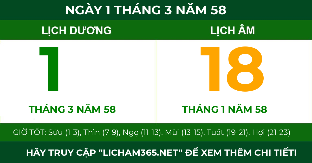 lịch âm ngày 1 tháng 3 năm 58