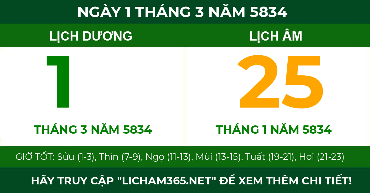 lịch âm ngày 1 tháng 3 năm 5834