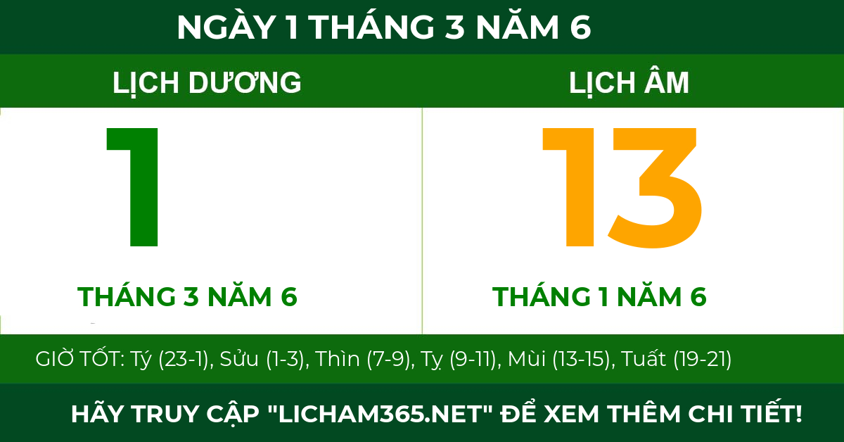 lịch âm ngày 1 tháng 3 năm 6