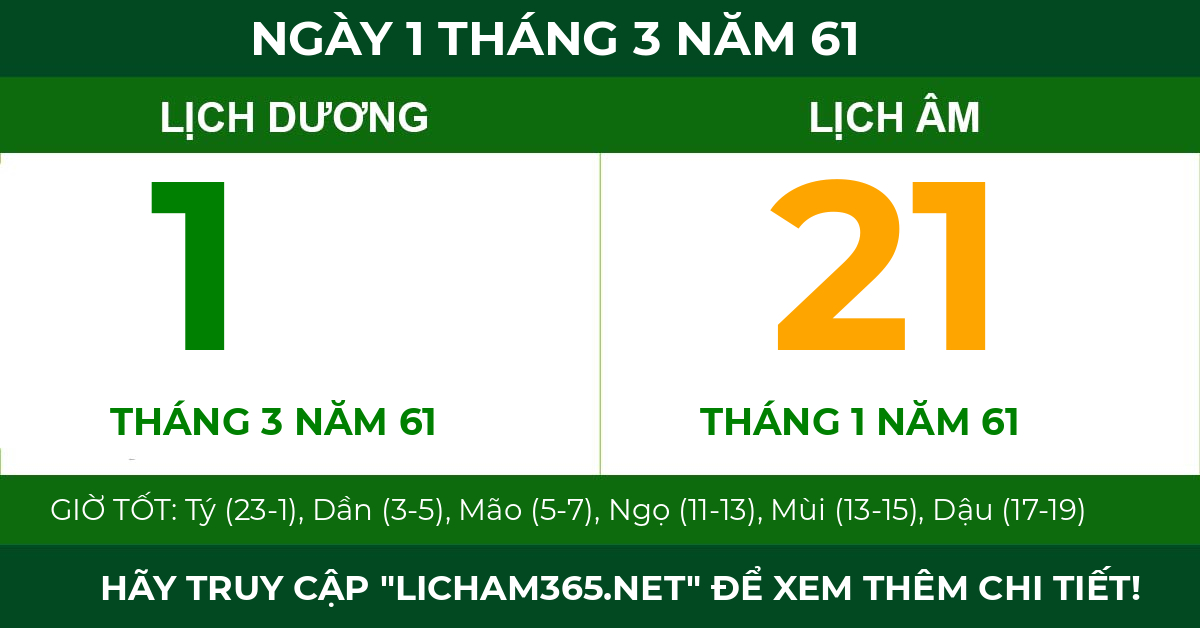 lịch âm ngày 1 tháng 3 năm 61