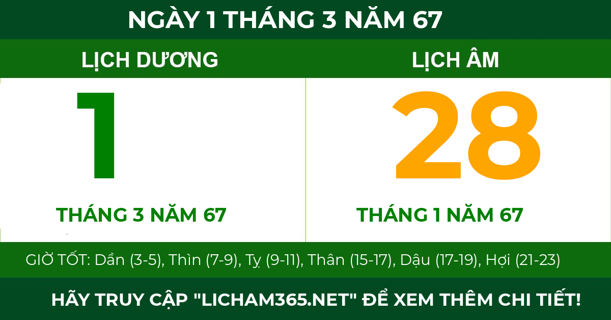 lịch âm ngày 1 tháng 3 năm 67