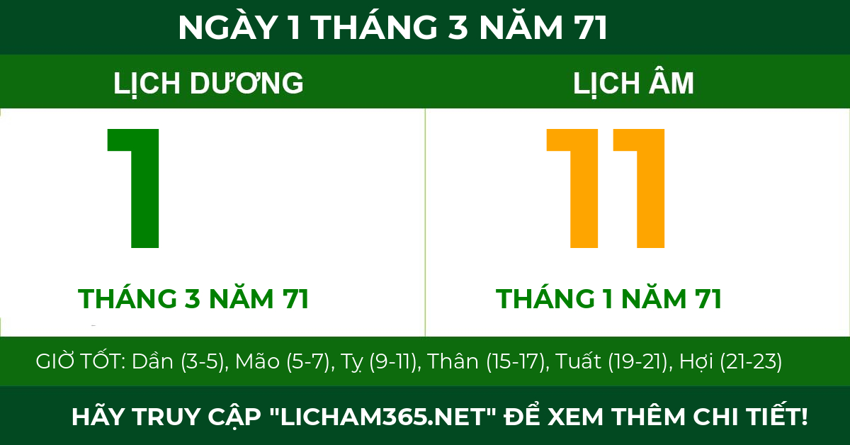 lịch âm ngày 1 tháng 3 năm 71