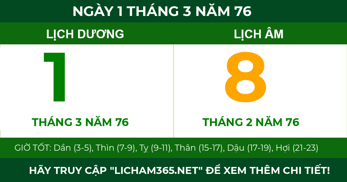 lịch âm ngày 1 tháng 3 năm 76
