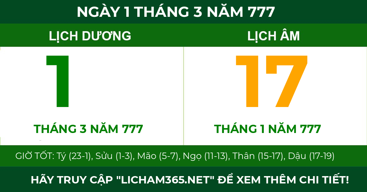 lịch âm ngày 1 tháng 3 năm 777