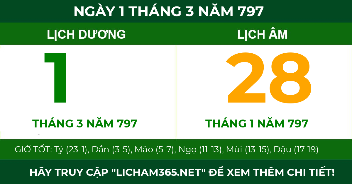 lịch âm ngày 1 tháng 3 năm 797