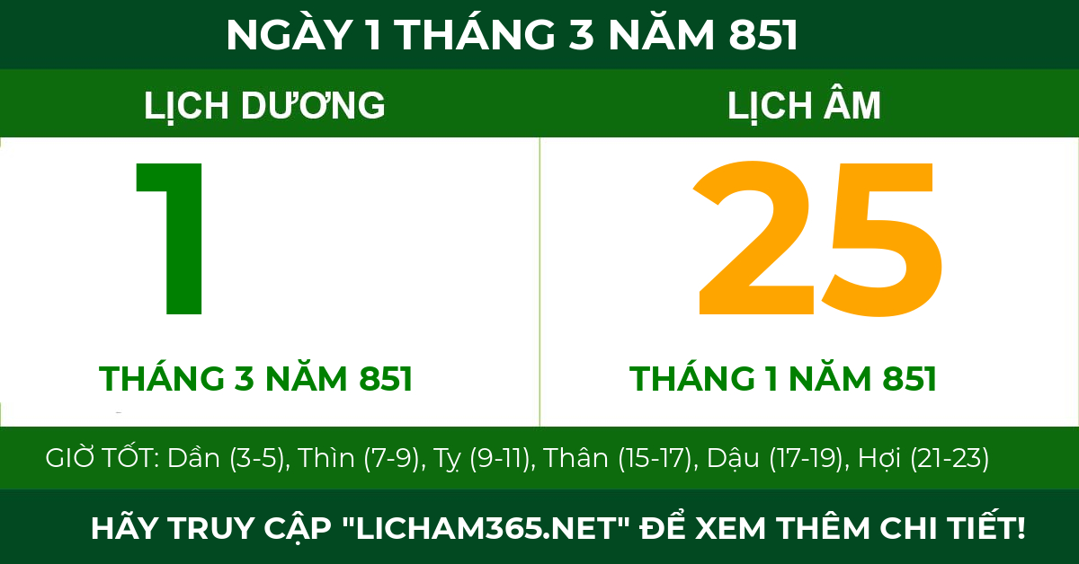 lịch âm ngày 1 tháng 3 năm 851
