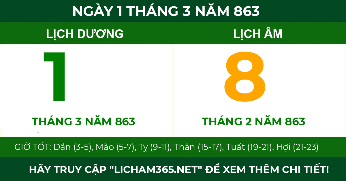 lịch âm ngày 1 tháng 3 năm 863