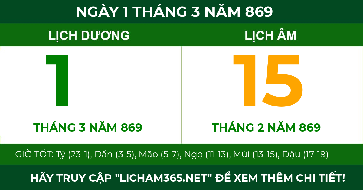 lịch âm ngày 1 tháng 3 năm 869