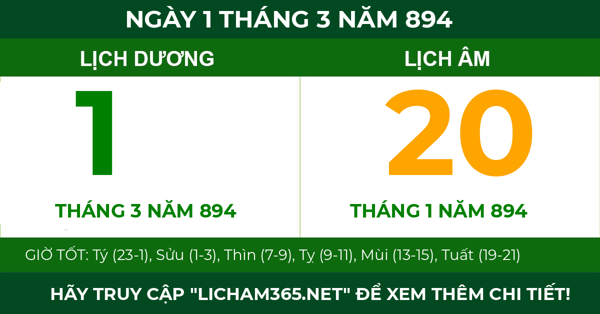 lịch âm ngày 1 tháng 3 năm 894
