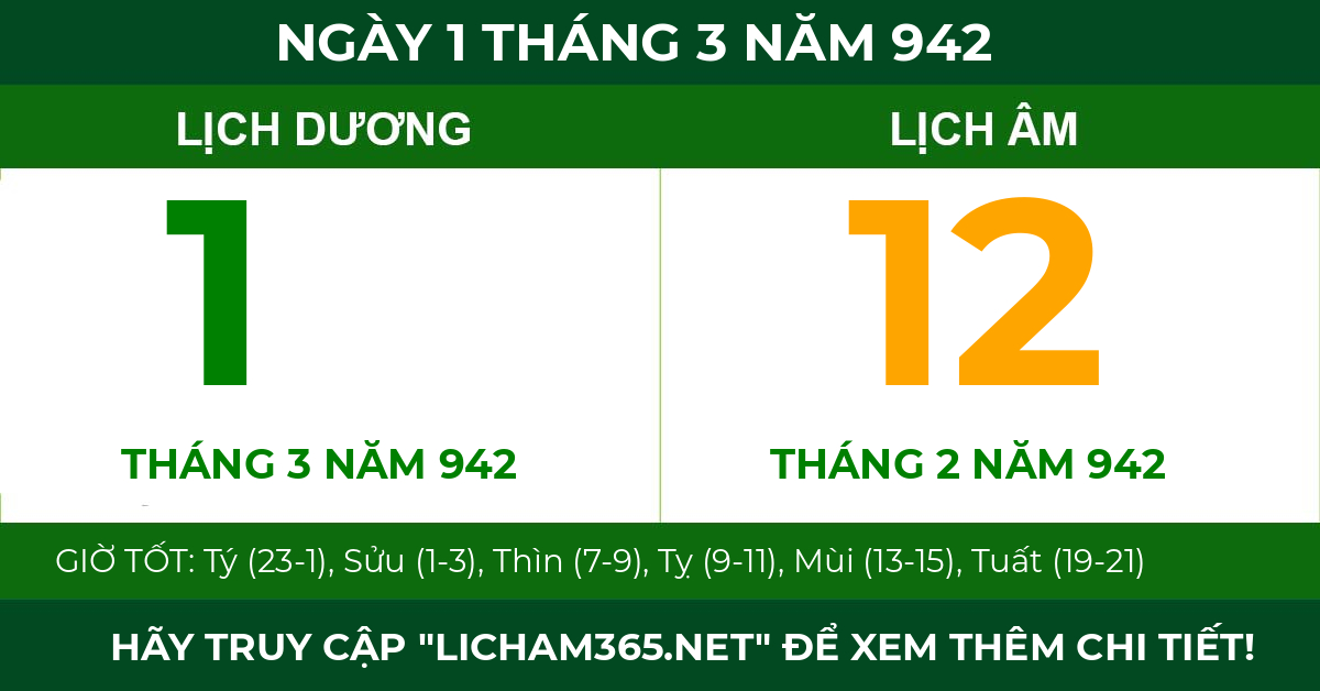 lịch âm ngày 1 tháng 3 năm 942