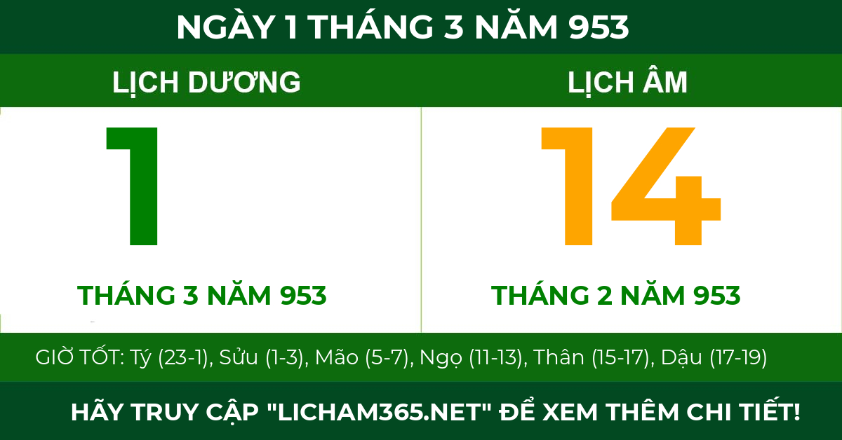 lịch âm ngày 1 tháng 3 năm 953