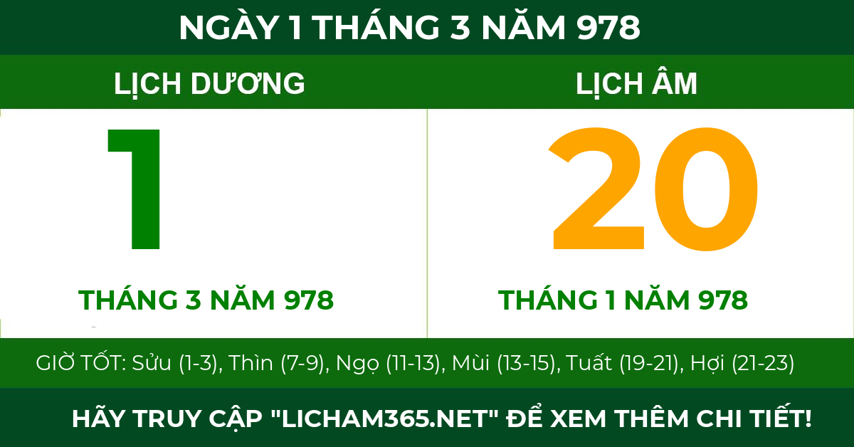 lịch âm ngày 1 tháng 3 năm 978