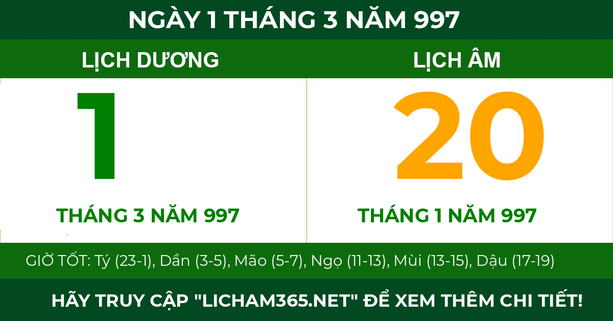 lịch âm ngày 1 tháng 3 năm 997