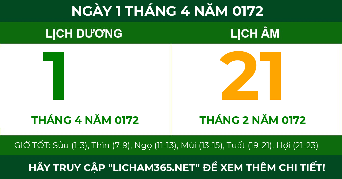 lịch âm ngày 1 tháng 4 năm 0172