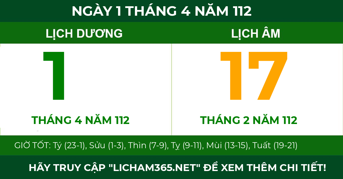 lịch âm ngày 1 tháng 4 năm 112