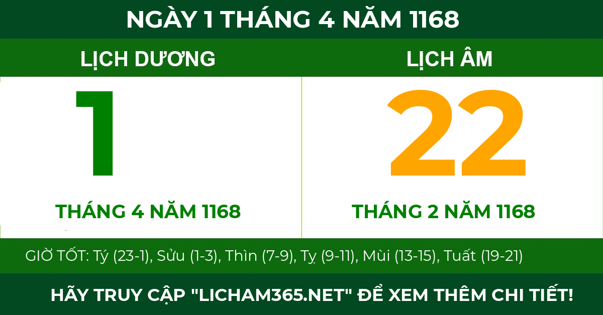 lịch âm ngày 1 tháng 4 năm 1168