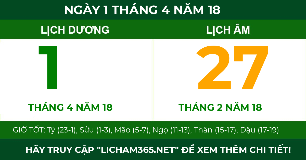 lịch âm ngày 1 tháng 4 năm 18