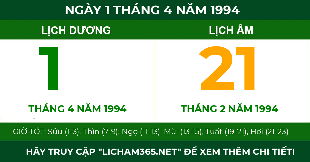 lịch âm ngày 1 tháng 4 năm 1994