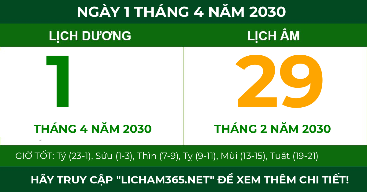 lịch âm ngày 1 tháng 4 năm 2030