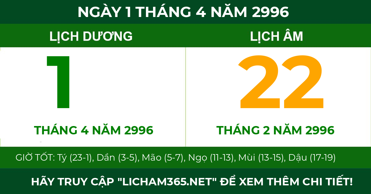 lịch âm ngày 1 tháng 4 năm 2996