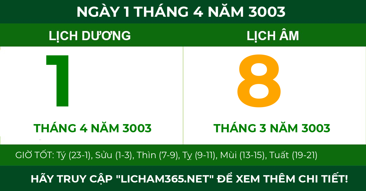 lịch âm ngày 1 tháng 4 năm 3003