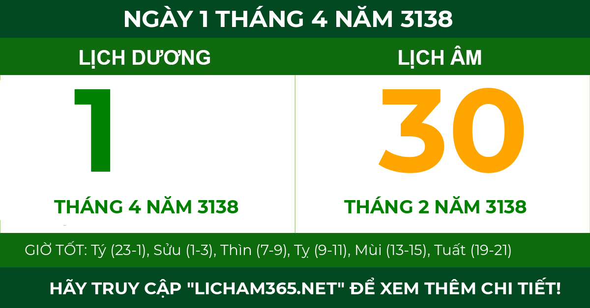 lịch âm ngày 1 tháng 4 năm 3138