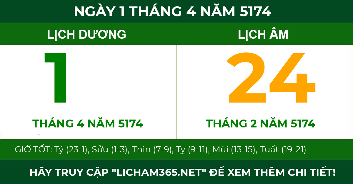 lịch âm ngày 1 tháng 4 năm 5174